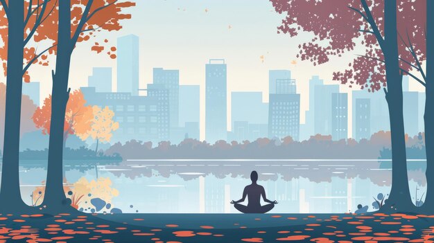 Photo scene of a person meditating in a city park flat design side view peaceful escape theme water color splitcomplementary color scheme