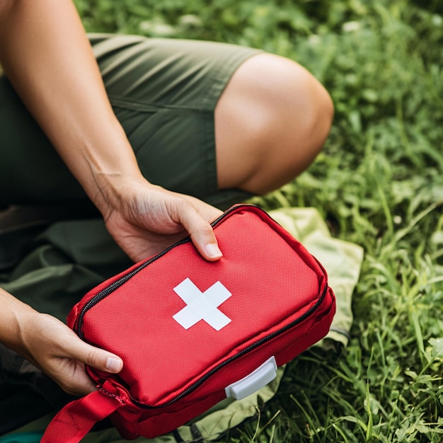 Photo a scene of a person using a first aid kit and performing basic first aid