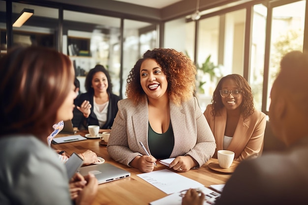 Scene of a plus size person holding a high position in the company giving instructions to his team