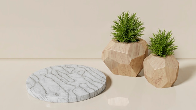 Scene for product with a marble cylinder and two plants with a wooden pot