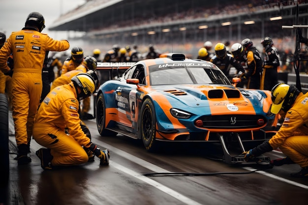 A scene of a professional pit crew checking a race car