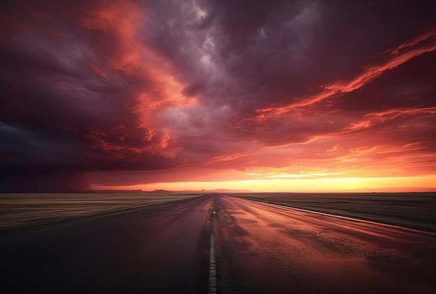 a scene of a quiet road under ominous cloudy skies in the style of light pink and orange