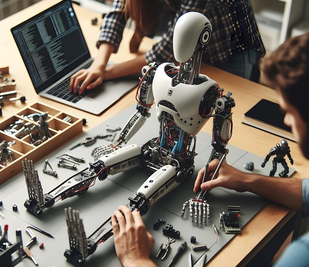 Photo scene in a robotics lab where a team is assembling a robot parts of the robot including arms legs