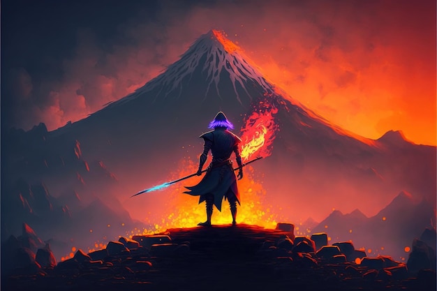 Scene of samurai with fire sword standing on the rock digital art style illustration painting fantasy concept of a samurai with the sword