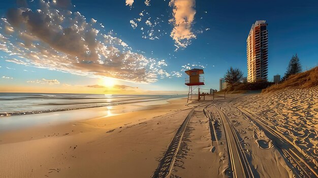 Photo a scene showing a beach with a lifeguard tower