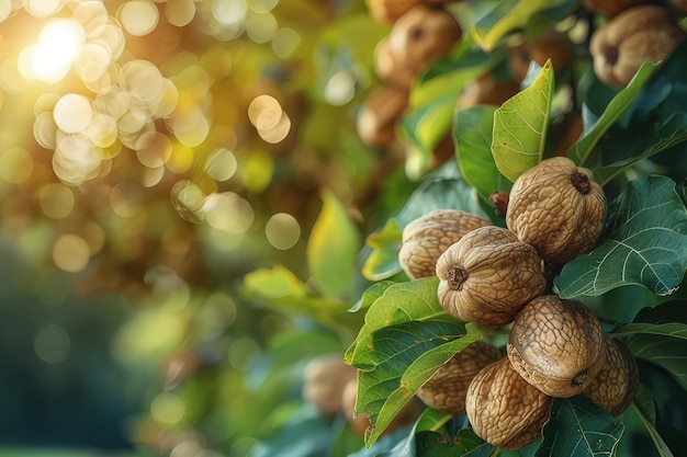 Photo a scene showing a bunch of nuts on a tree