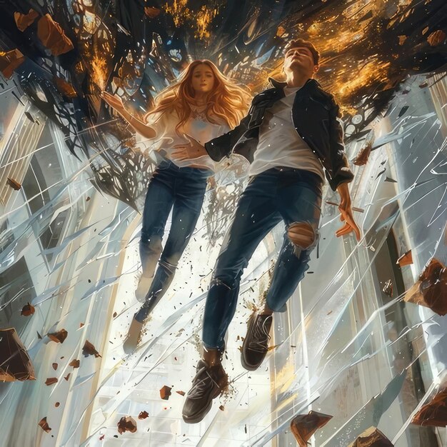 Photo a scene showing a couple running through a shattered building