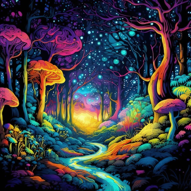 A scene showing a forest with colorful mushrooms and a stream