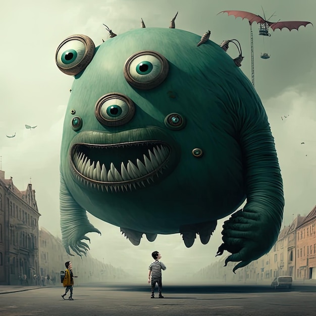 Photo a scene showing a giant green monster with big eyes