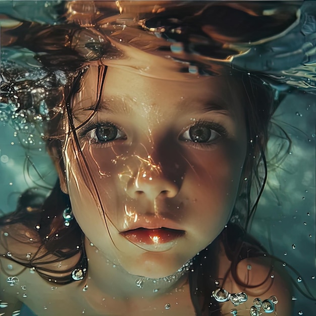 A scene showing a girl underwater in the water