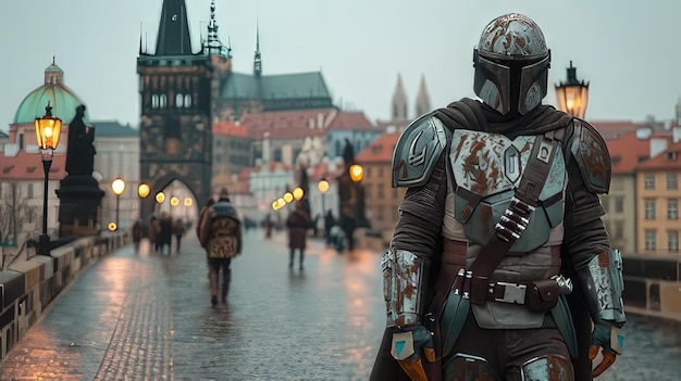 A scene showing a man in a costume walking down a street