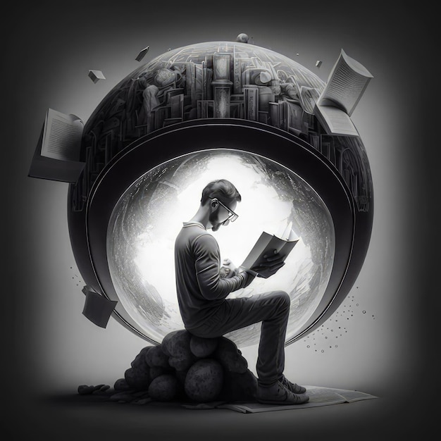 Photo a scene showing a man reading a book in front of a globe