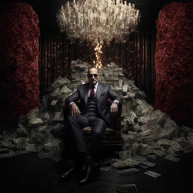 Photo a scene showing a man sitting in a chair with money