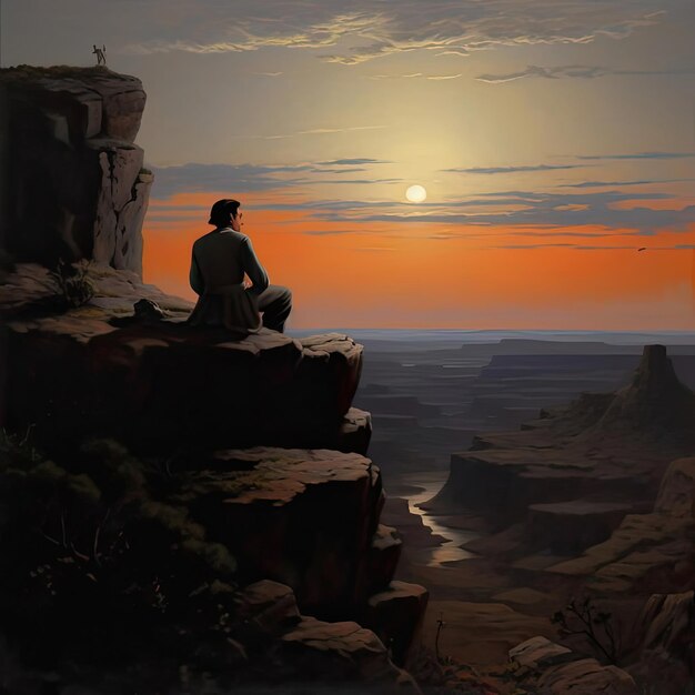 Photo a scene showing a man sitting on a cliff looking out at the sunset