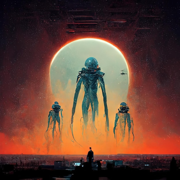 Photo a scene showing a man standing in front of a giant alien