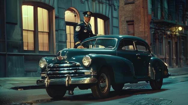 A scene showing a man standing on top of a car