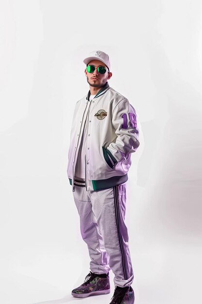 Photo a scene showing a man in a white jacket and purple pants