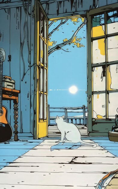 Photo a scene showing a room with a guitar and a cat