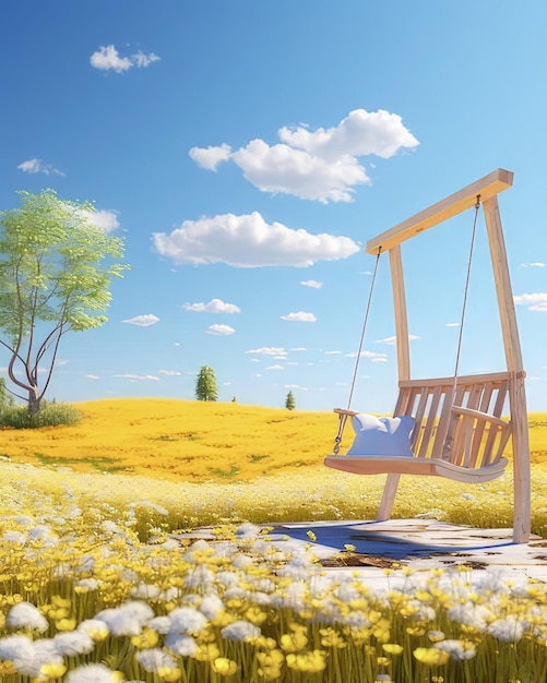 Photo a scene showing a swing chair in a field of flowers