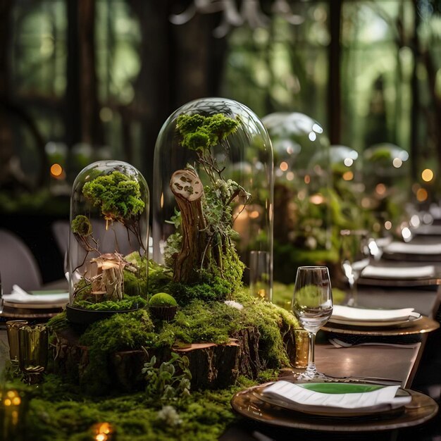 Photo a scene showing a table setting with moss and fairy figs