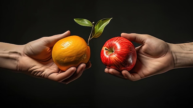 Photo a scene showing two hands holding an apple and an orange