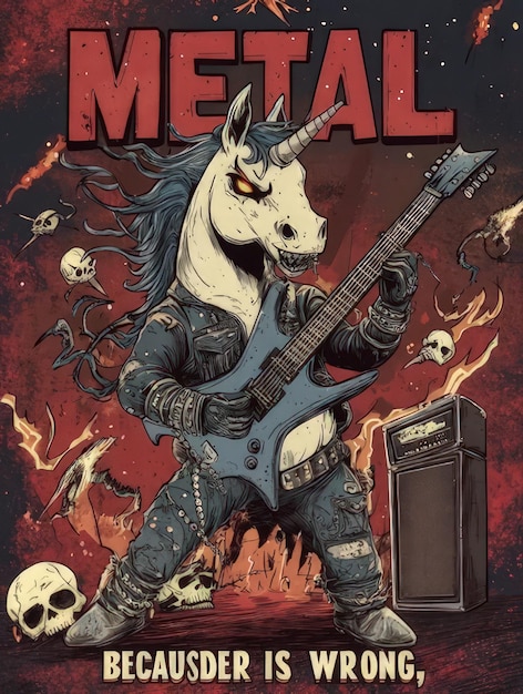 A scene showing a unicorn with a guitar and a skull