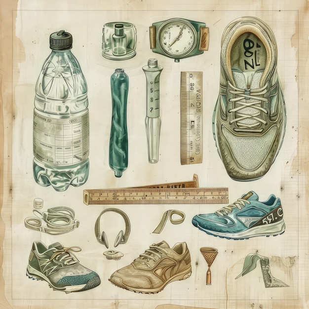 A scene showing a variety of shoes and a ruler