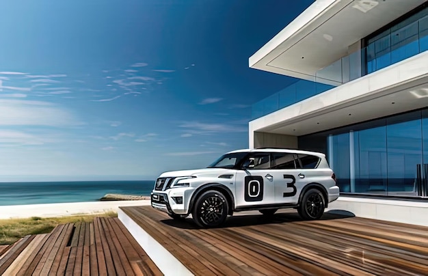 A scene showing a white suv parked on a wooden deck