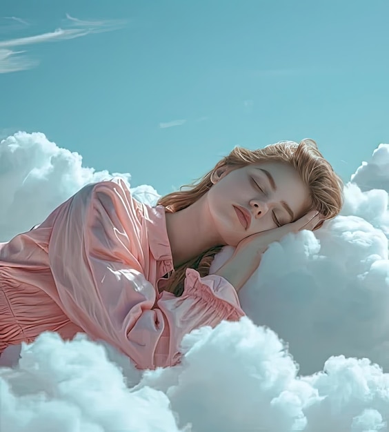 A scene showing a woman laying on a cloud