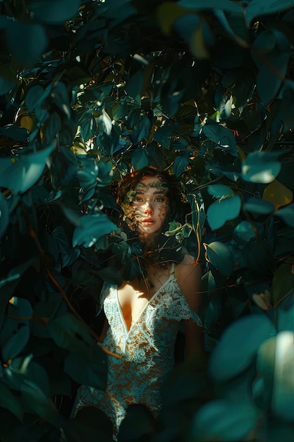 A scene showing a woman in a white dress surrounded by leaves