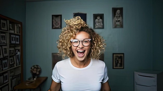 Photo a scene showing a woman with curly hair and glasses