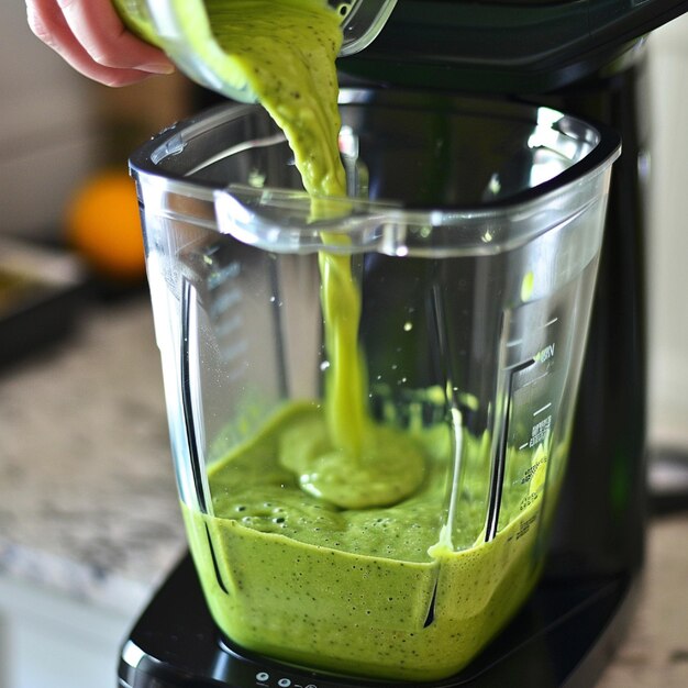 A scene of someone preparing a fresh green smoothie in a blender