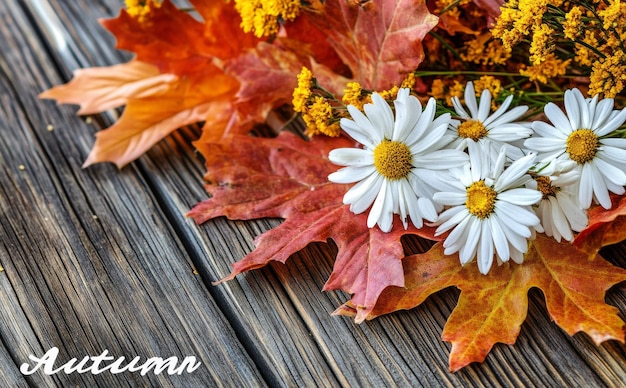 Photo scene of thanksgiving or autumn with leaves and berries on wooden table falling leaves in the background