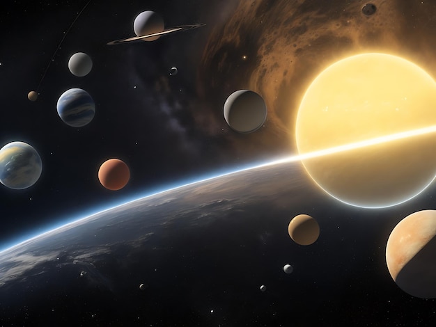 a scene that features our solar system with detailed representations of planets moons