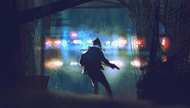 scene of the thief with the gun being caught by police car light at rainy night with digital art style, illustration painting