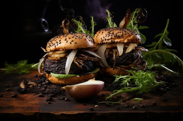 Photo scene of two blackened veggie burgers