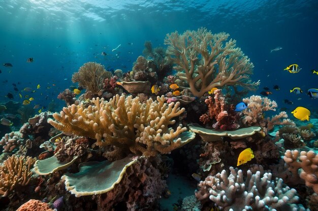 A scene of underwater coral reefs and colorful tropical fishes