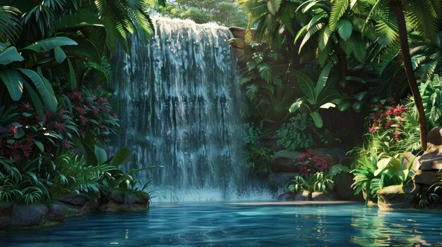 Scene of a waterfall cascading in a tropical jungle flat design side view hidden oasis theme 3D render Tetradic color scheme