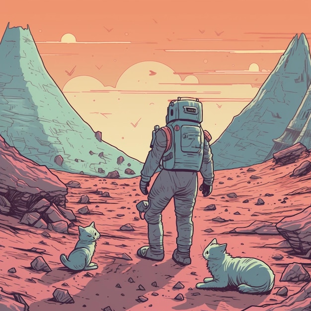 Photo scene with a cat astronaut exploring an alien world