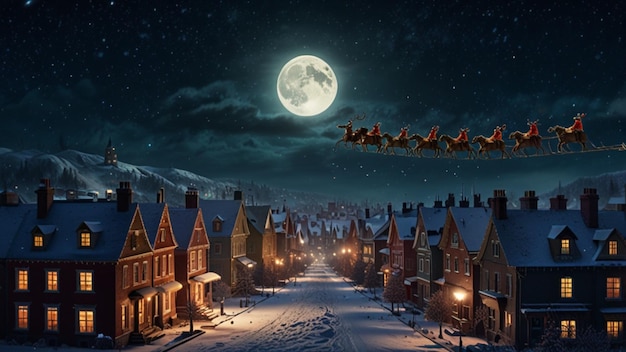 a scene with a christmas scene with a moon and snowflakes