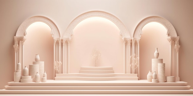 A scene with columns and columns in a white room with a statue in the middle.