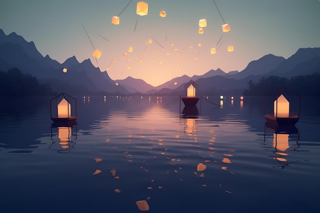 A scene with lanterns floating on the water and the sun is setting.