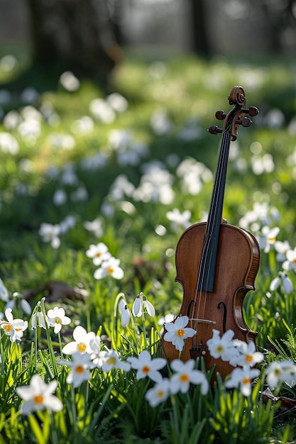 a scene with Martisor strings intertwined among freshly blooming spring flowers like snowdrops and c