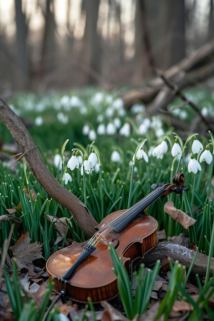 a scene with Martisor strings intertwined among freshly blooming spring flowers like snowdrops and c