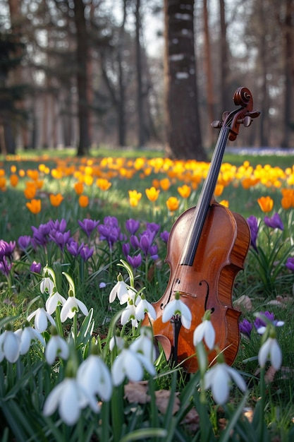 a scene with Martisor strings intertwined among freshly blooming spring flowers like snowdrops and c