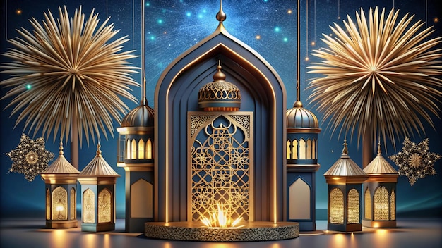 a scene with a mosque and a mosque with a blue background with a gold design