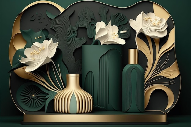 Scene with platform vase and gold flowers in abstract geometric shape and dark green color Background design for packaging that displays the identity of a cosmetic or product