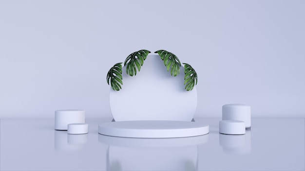 scene with podium for product display and green leaf. 3d rendering