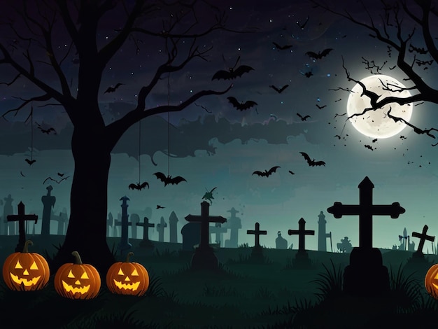 Photo a scene with pumpkins and cemetery on the night sky