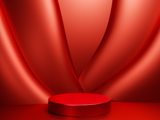 Scene with red color podium for mock up presentation in minimalism style with copy space, 3d render abstract background design